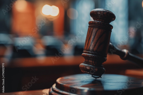 Judges hammer on a courtroom bench with a blurred background