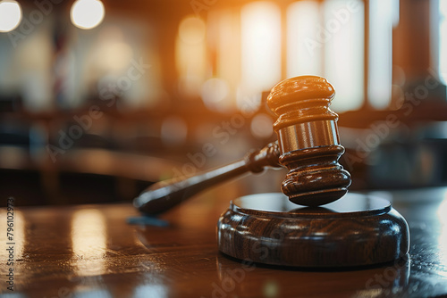 Judges hammer on a courtroom bench with a blurred background