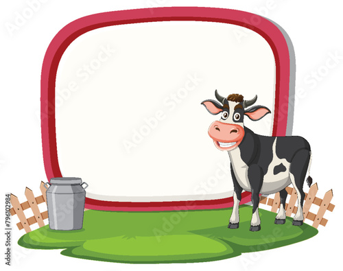 Cartoon cow standing near a fence and bucket