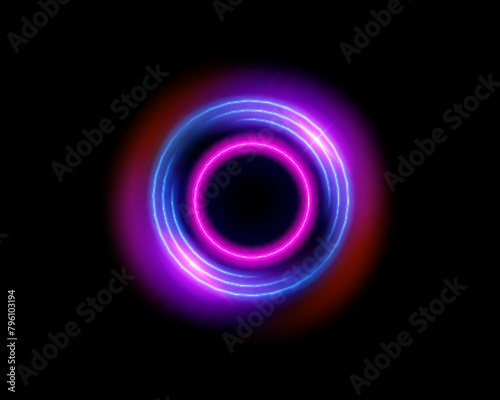 Neon circle frame on blue background. Glowing neon circle frame. Set of neon glowing circles. Glowing rings on dark background.