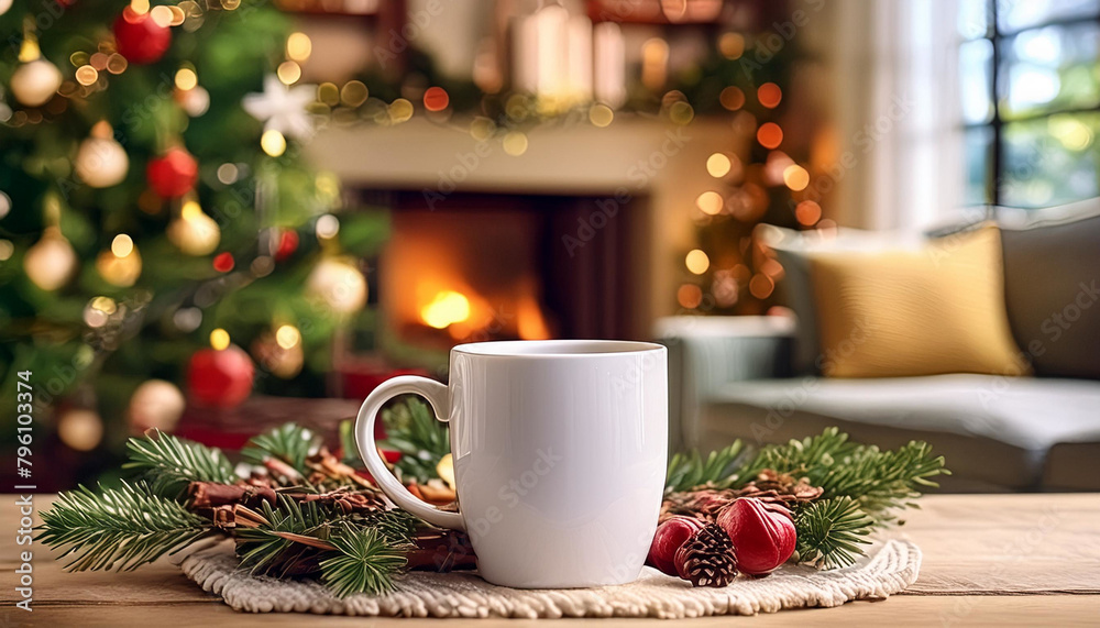 Fototapeta premium Empty Mug Mockup: Realistic White Ceramic Cup in Home Interior