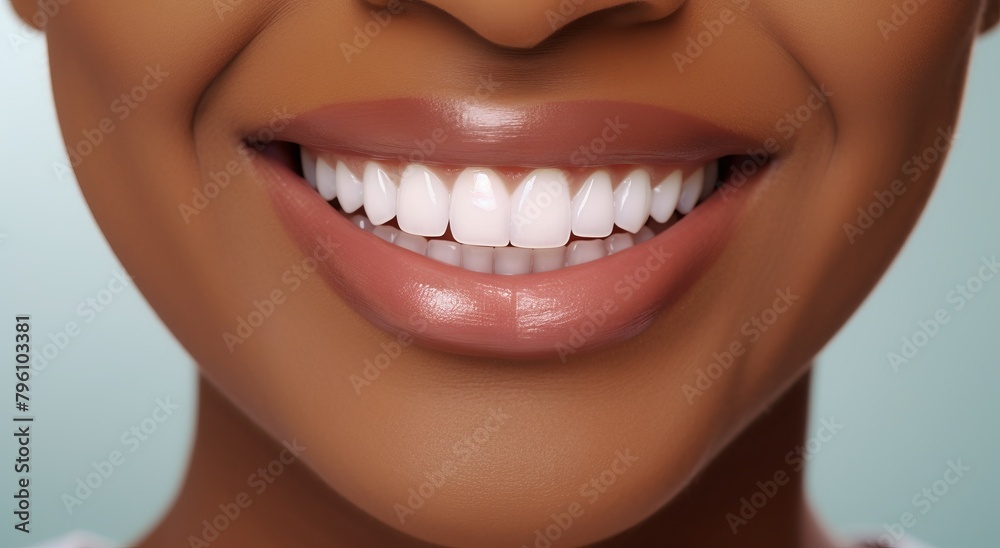 Fototapeta premium Smiling young beautiful girl with clean perfect skin close-up.