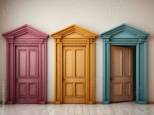 Five doors with empty walls. Five colourful doors on an isolated light background design. Five different doors © Mahmud