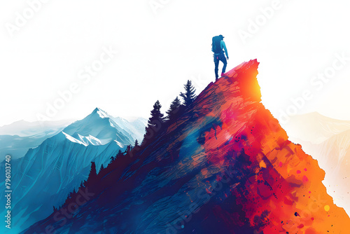 Illustrate a determined individual climbing a steep mountain photo