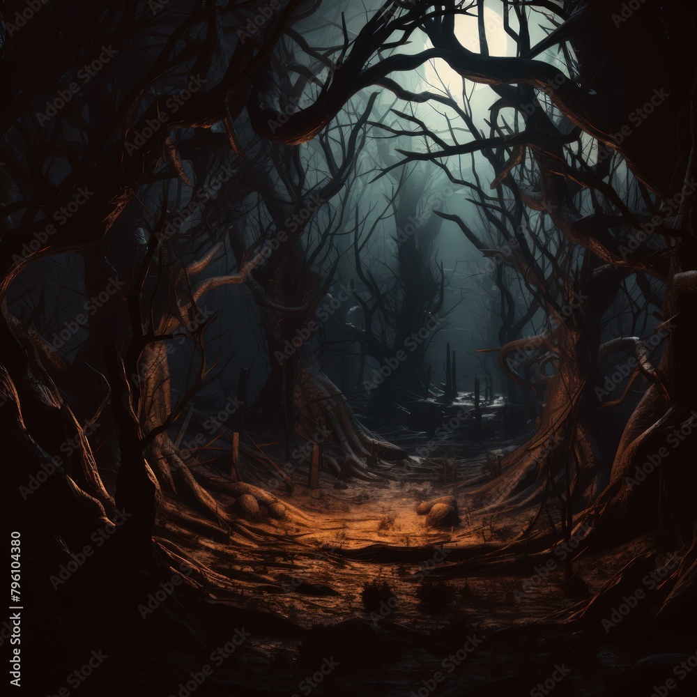 A dark forest with a stream running through it - obrazy, fototapety, plakaty 