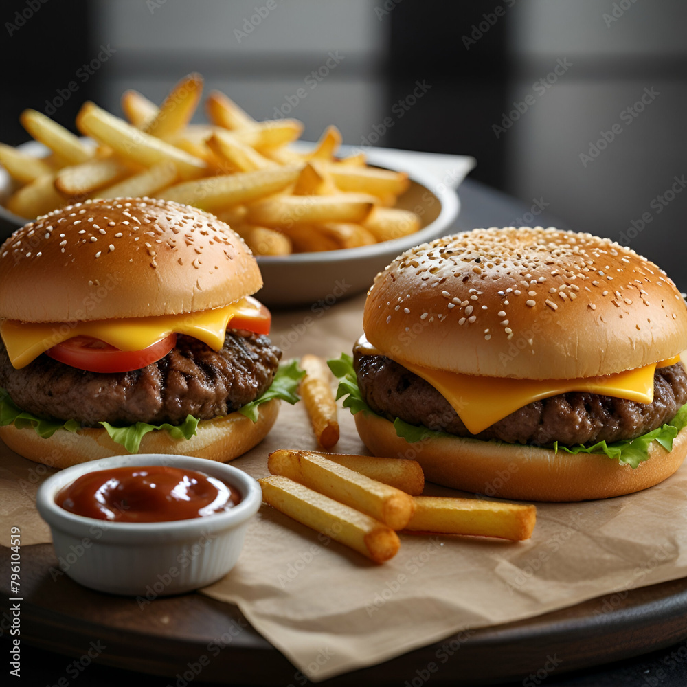 burger with fries - obrazy, fototapety, plakaty 
