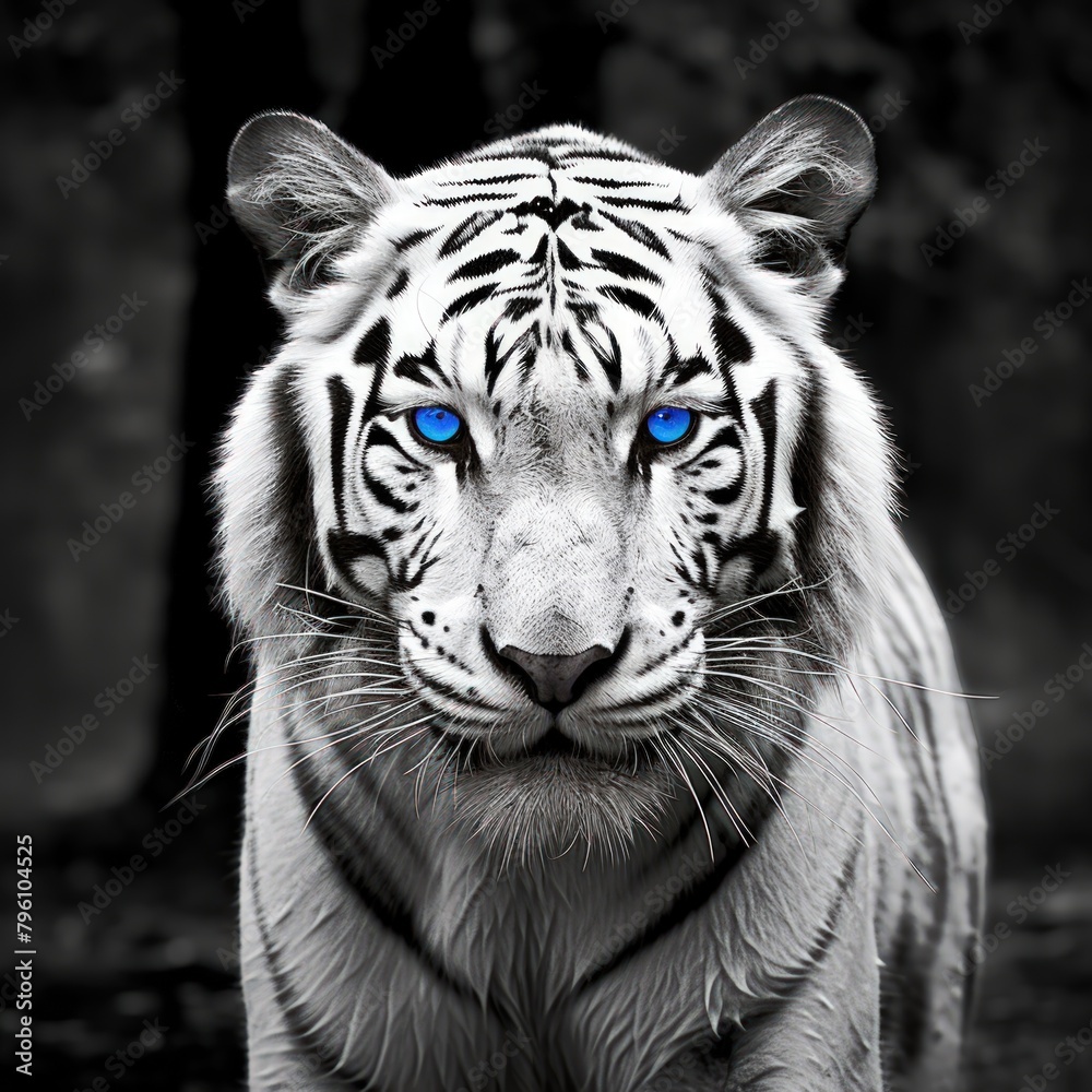 A white tiger with bright blue eyes stands in front - obrazy, fototapety, plakaty 
