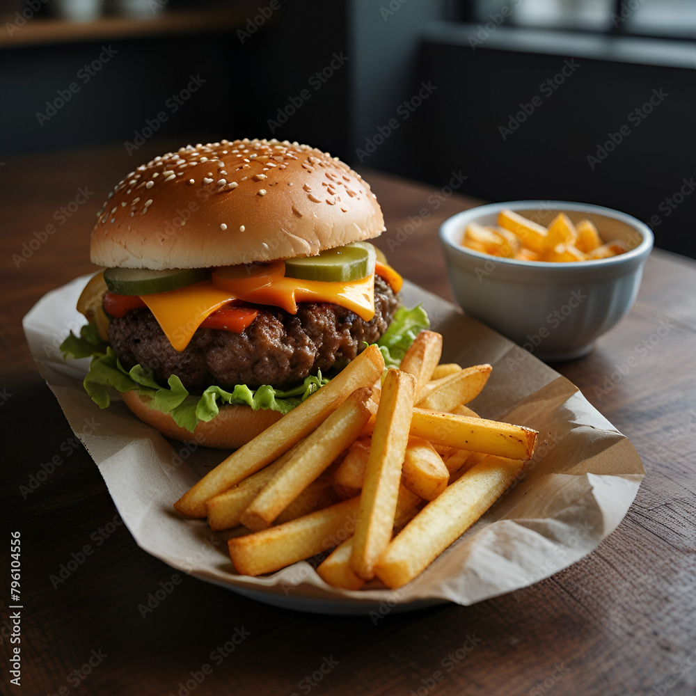 hamburger and fries - obrazy, fototapety, plakaty 