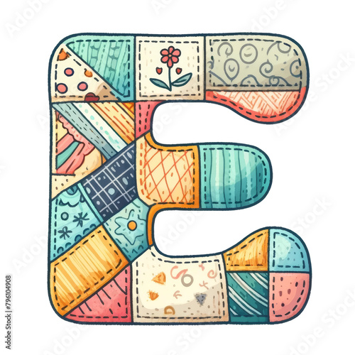 The letter E is made up of many different pieces of fabric