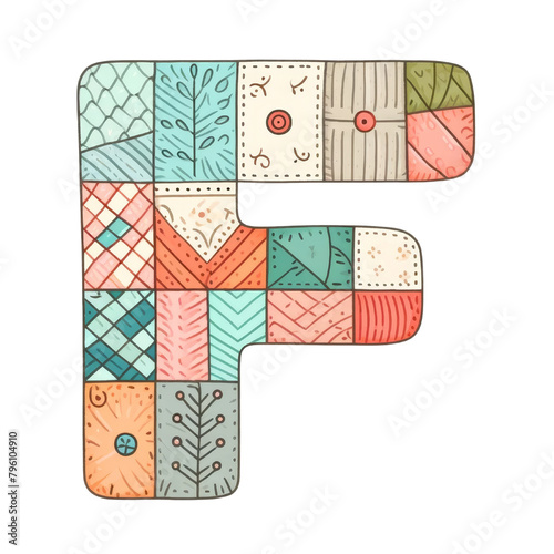 The letter F is made up of many different pieces of fabric
