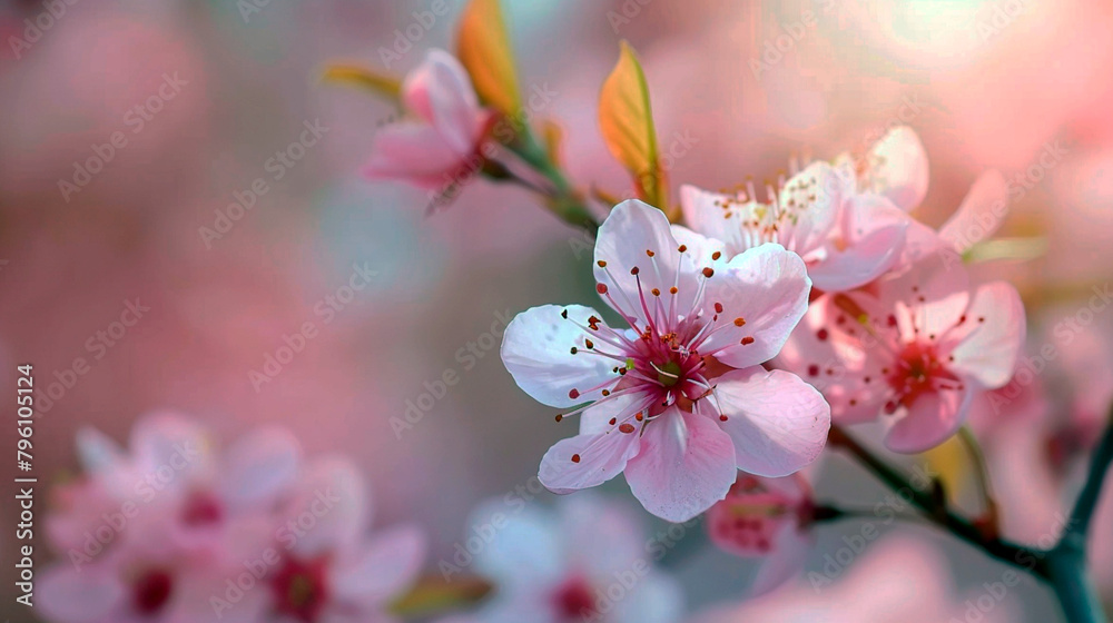 Peach blossoms in the morning light, soft pink peach blossoms sparkle in the soft morning light, high resolution image perfect for spring themed designs.