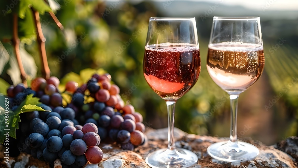 Wine glasses filled with red and rose wine on a sunny vineyard background. Concept Wine Tasting, Vineyard Views, Summer Sips