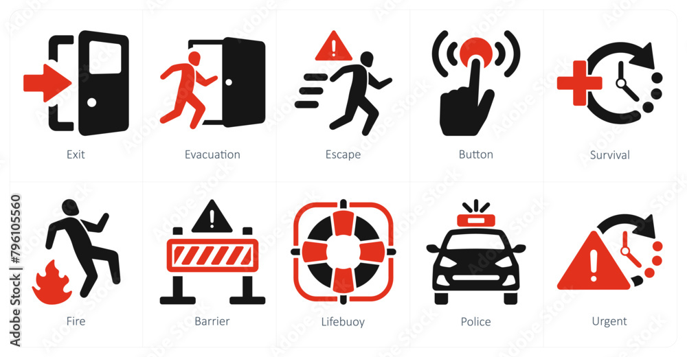 A set of 10 emergency icons as exit, evacuation, escape A set of 10 emergency icons as exit, evacuation, escape