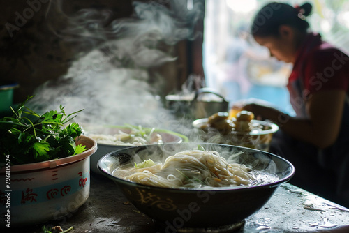 Laotian Khao Piak Sen chicken noodle soup Vientiane morning mist photo
