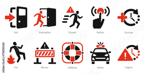 A set of 10 emergency icons as exit, evacuation, escape