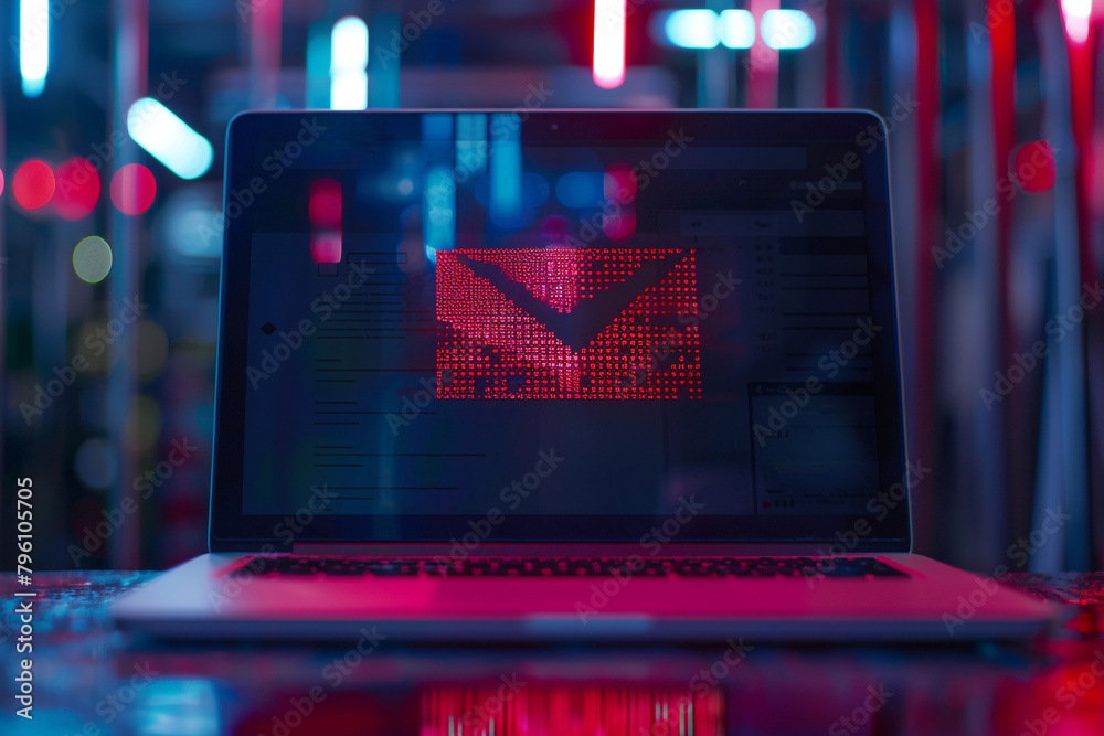 Laptop screen with an email alert about firewall vulnerability ...