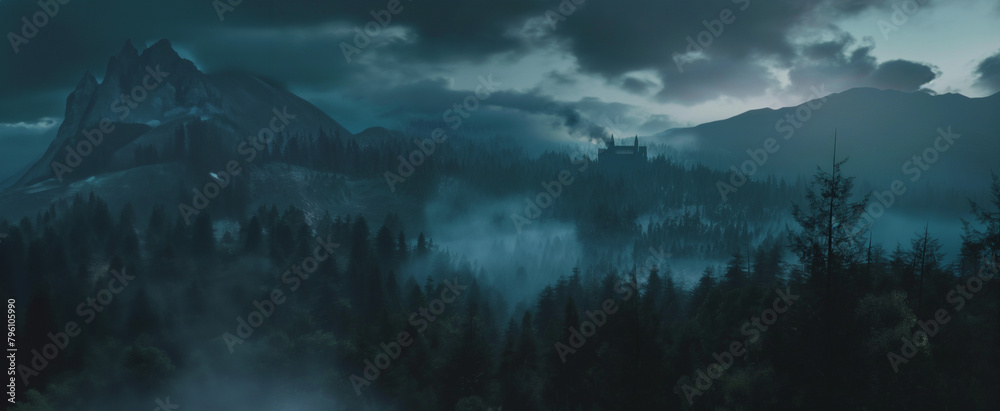 A dense forest spreads through the mountains, its treetops shrouded in gentle mist. The air is filled with the fresh clarity of the forest and covered in a dramatic sea of ​​clouds.