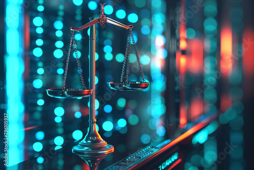 law scales against a data center background, representing the digital law concept and the duality of judiciary and modern data photo