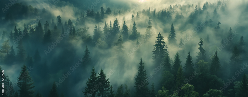 A dense forest spreads through the mountains, its treetops shrouded in gentle mist. The air is filled with the fresh clarity of the forest and covered in a dramatic sea of ​​clouds.