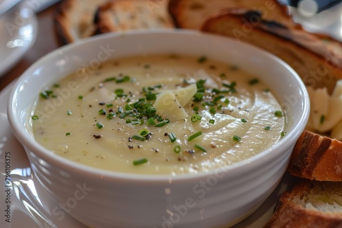 Creamy potato soup sprinkled with herbs, black pepper, and cheese, served with toasted bread slices.