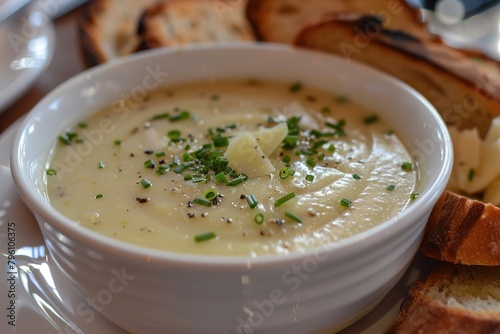 Creamy potato soup sprinkled with herbs, black pepper, and cheese, served with toasted bread slices. photo