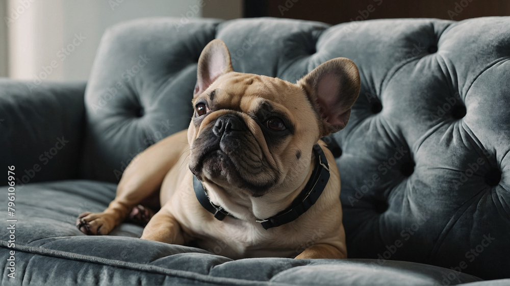 A contented French Bulldog lounging on a plush velvet sofa2. Generated AI. A contented French Bulldog lounging on a plush velvet sofa2. Generated AI.
