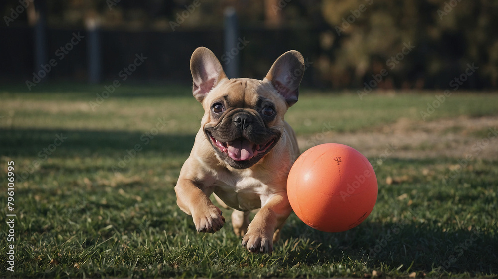 A playful French Bulldog pup chasing after a bouncing ball with boundless energy. Generated AI.