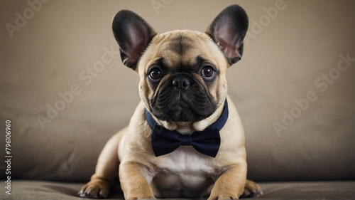 A charming French Bulldog puppy dressed in a tiny bow tie2. Generated AI. © Sorin