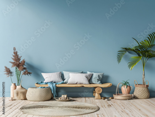 Serene home terrace decor with coastal tones and chic decor. Home design concept image.