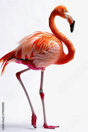 A flamingo standing on one leg  isolated on a white background