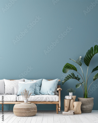 Serene home terrace decor with coastal tones and chic decor. Home design concept image.