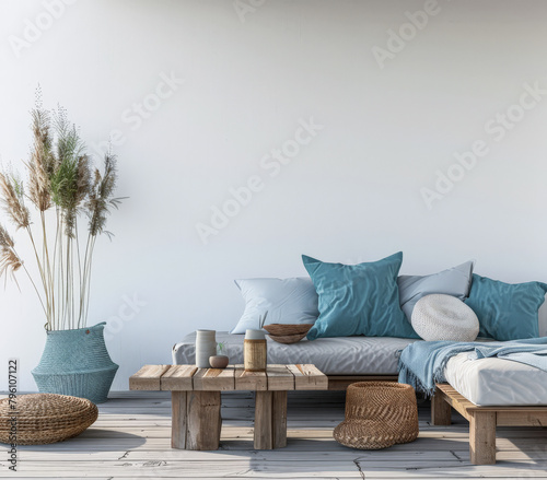 Serene home terrace decor with coastal tones and chic decor. Home design concept image.