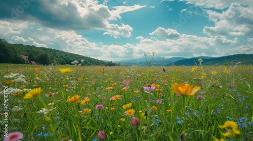 A landscape featuring a vast field filled with colorful wildflowers under a cloudy sky. The flowers are in full bloom  creating a striking contrast against the grey clouds above.