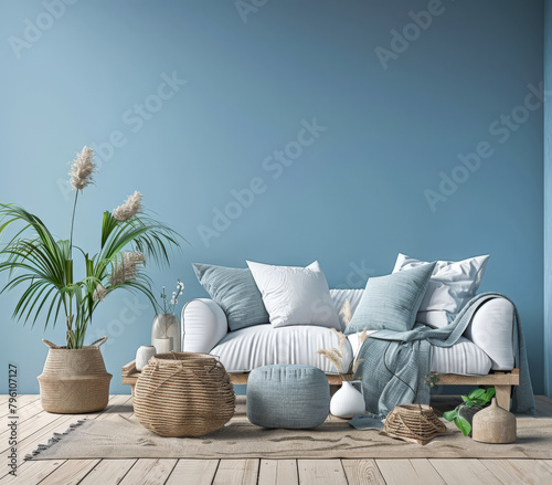 Serene home terrace decor with coastal tones and chic decor. Home design concept image.