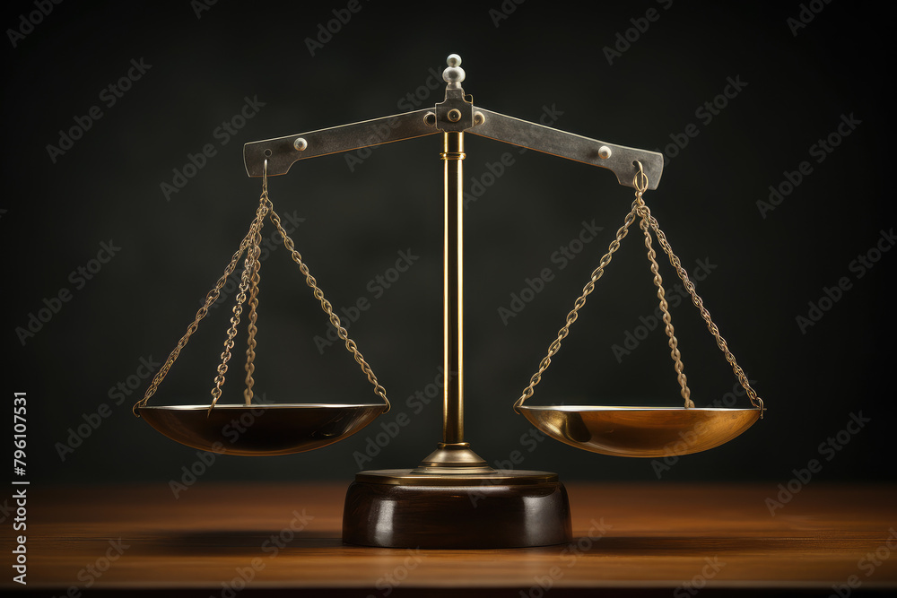 Symbol of Justice: Balanced Scale on Wooden Background Symbol of Justice: Balanced Scale on Wooden Background