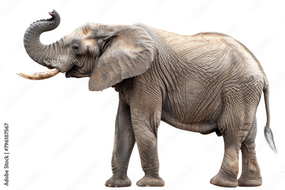 An elephant with its trunk raised, isolated on a white background