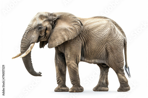 An elephant with its trunk raised  isolated on a white background