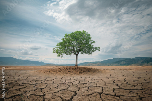 Lone tree thriving on a desolate landscape bones of the earth beneath symbolizing resilience and growth photo
