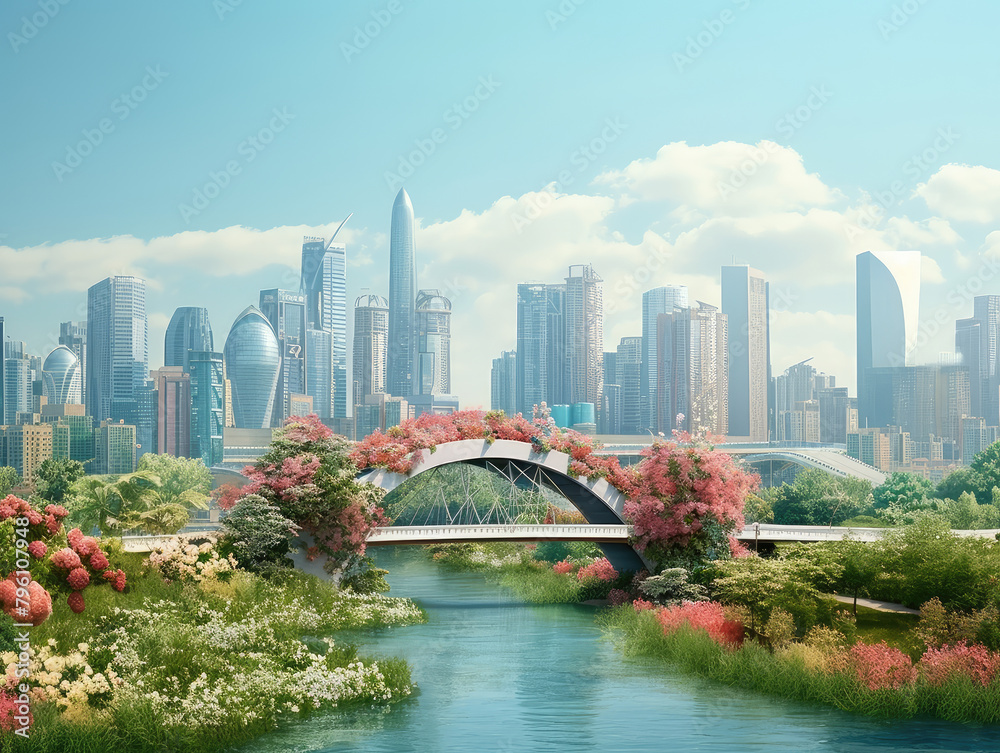 Obraz premium Urban Oasis: Futuristic City Amidst Blossoming Nature