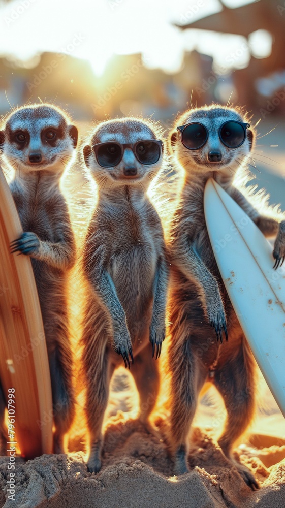 Meerkats Standing guard with sunglasses and tiny surfboards on the beach, summer tones, bright rich colors, cinematic
