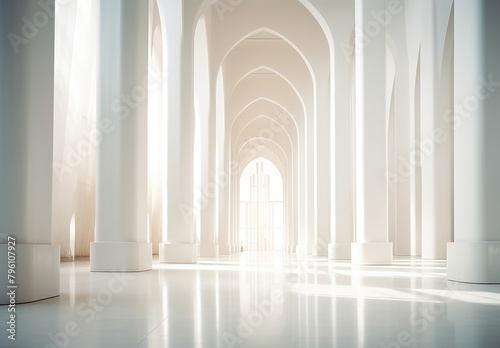 Serene White Hallway with Majestic Arches