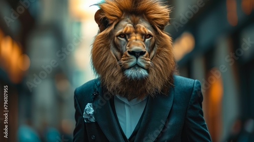 Regal lion roams urban streets in refined attire, epitomizing street style. The realistic city backdrop frames this majestic feline, seamlessly blending wild majesty with contemporary fashion in a cap photo