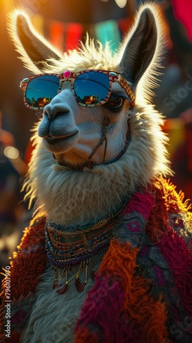 Dapper llama parades through city streets in tailored elegance, embodying street style. The realistic urban backdrop frames this fashionable camelid, seamlessly merging Andean charm with contemporary  © Дмитрий Симаков