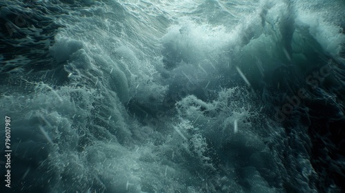 A large body of water with foam dispersed across its surface, creating a frothy and turbulent appearance. The foam is thick and white, swirling and merging with the water beneath.