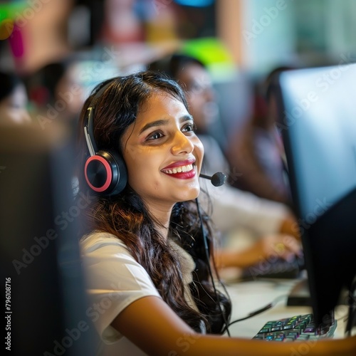 woman operator with headphones smiling in a call centre, helpline