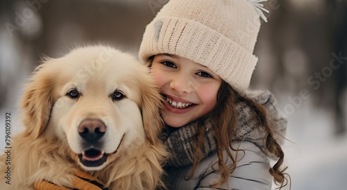 Little girl hugging golden retriever dog during walk on winter nature