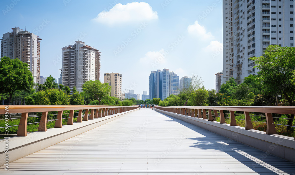 Scenic Urban Walkway Amidst Skyscrapers Scenic Urban Walkway Amidst Skyscrapers