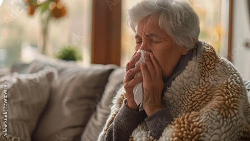 An elderly woman resting at home struggles with the inconvenience of a seasonal illness. She wore a blanket and sneezed into a tissue. To overcome the flu with agility and grace despite discomfort. photo