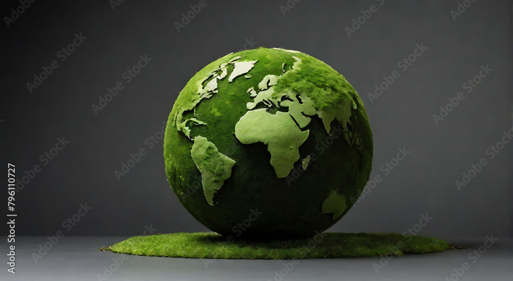 An Earth Globe model covered with green grass and moss with copyspace on isolated plain background,Green World Map, isolated