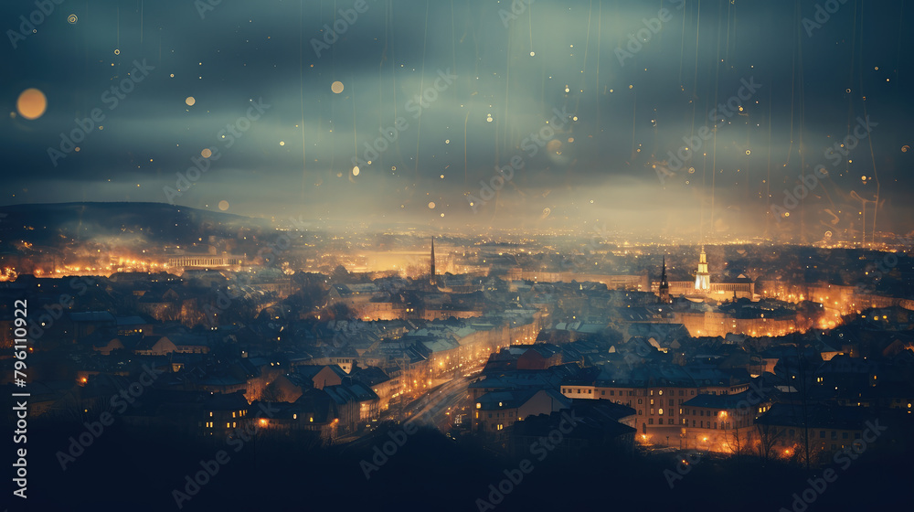 Twilight Rainfall over Luminescent City Lights